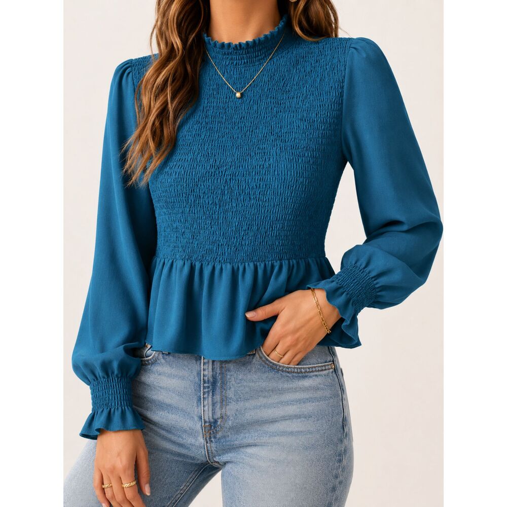 Ecowish Teal Smocked Peplum Blouse Medium Romantic Cottagecore Puff Sleeve
